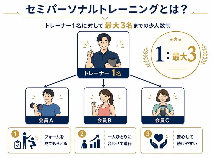 岐阜市のセミパーソナルジムTRESOの少人数制トレーニングの図解